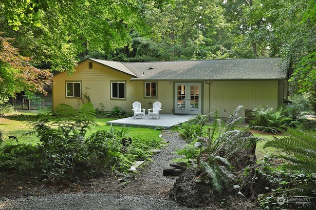 Privacy & your close connection to nature are favorite features of this affordable home. You are sitting at the fire circle, French doors open to the main living area, window to the left of the doors is your kitchen sink & windows to the far left are the Primary BR. This is the western side of your home.